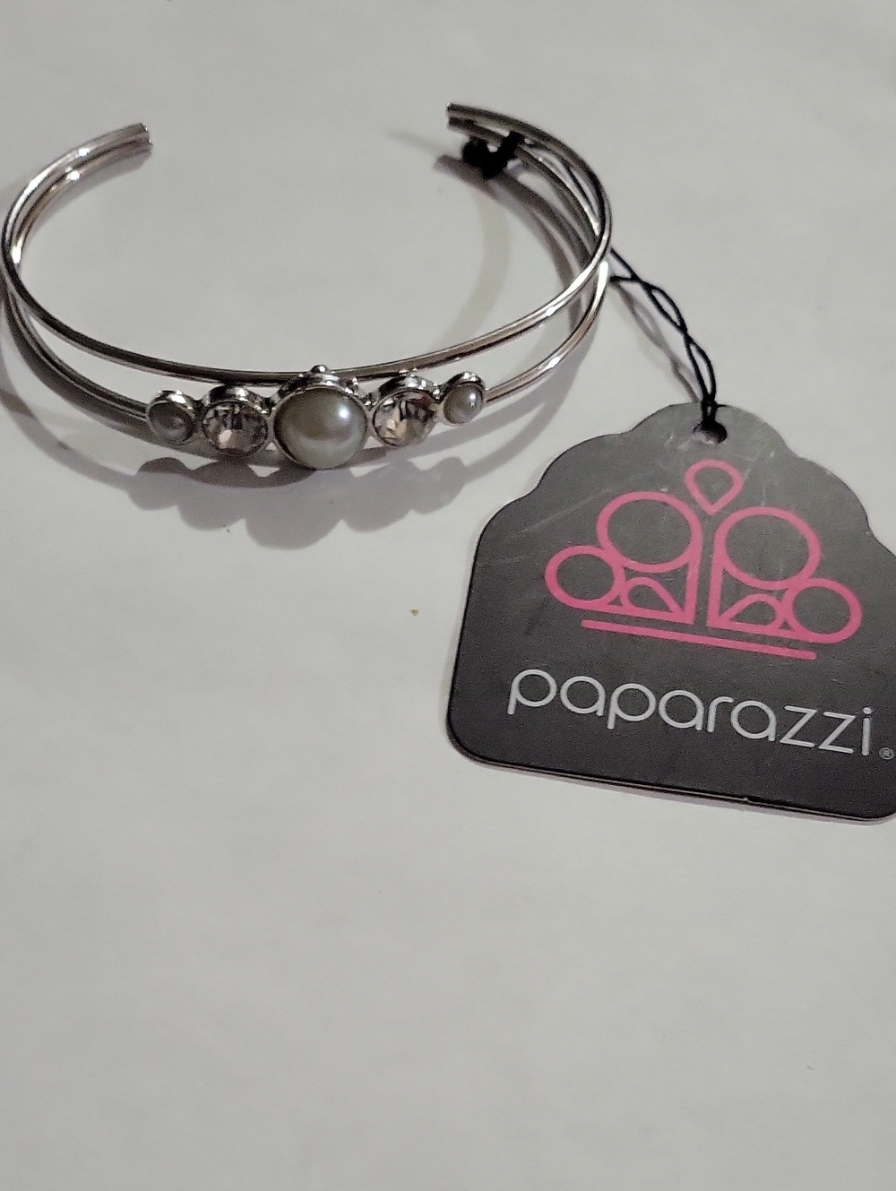 Paparazzi Silver Faux Pearl and Crystal Accent Cuff Bracelet